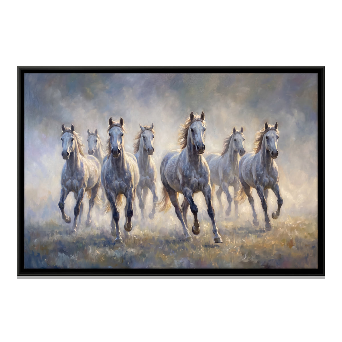 Seven Grey Horses in the Mist - framed canvas print, front view