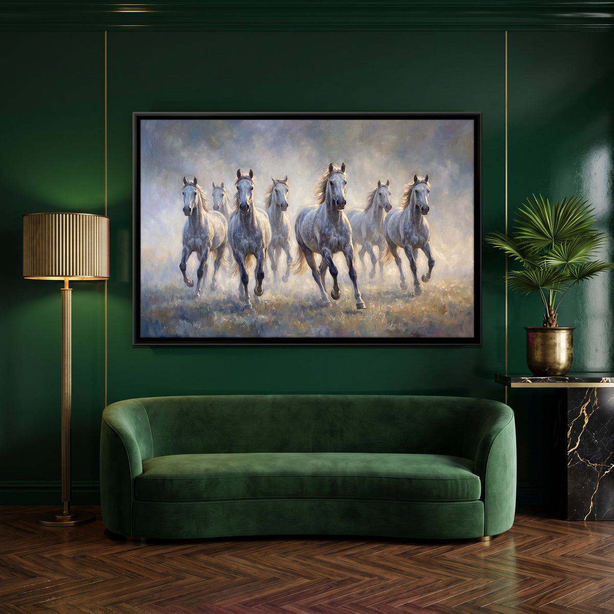 Seven Grey Horses in the Mist - canvas art shown in a styled room