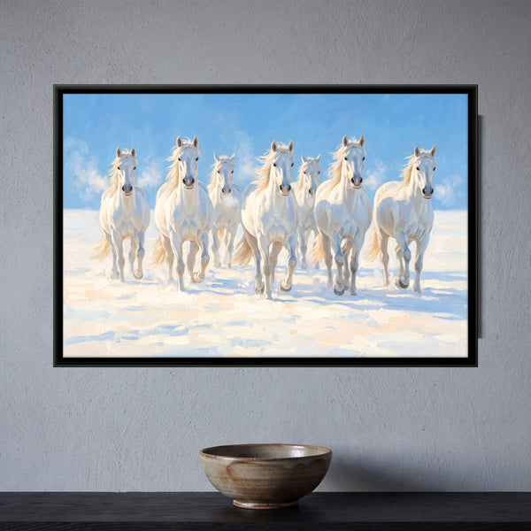 Seven White Horses Running in Snow