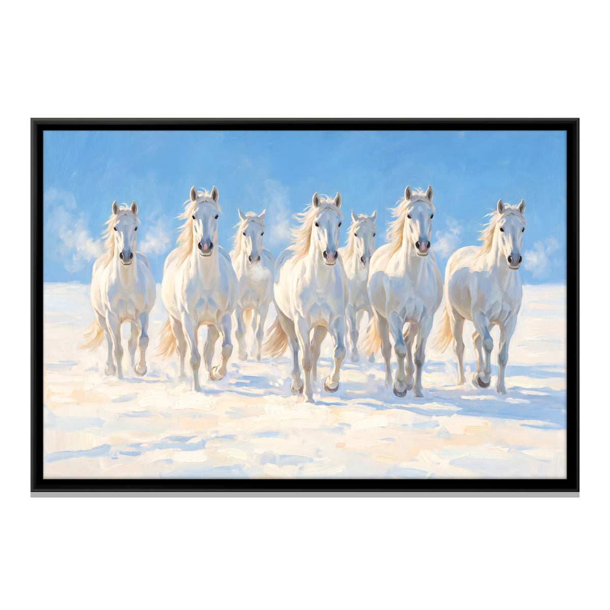 Seven White Horses in the Snow - framed canvas print, front view