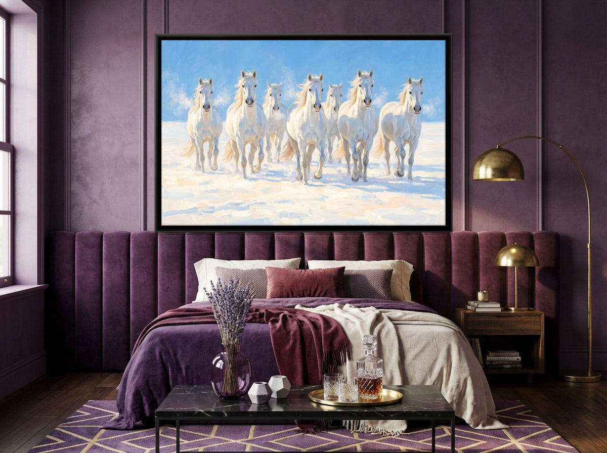 Seven White Horses in the Snow - canvas art shown in a second room setting