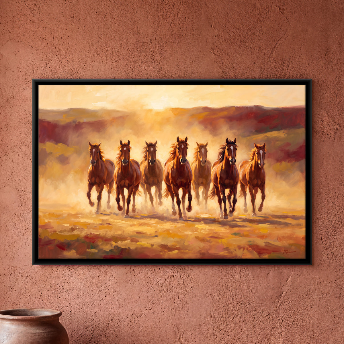Seven Brown Horses in Golden Dust - framed canvas art hung on a wall
