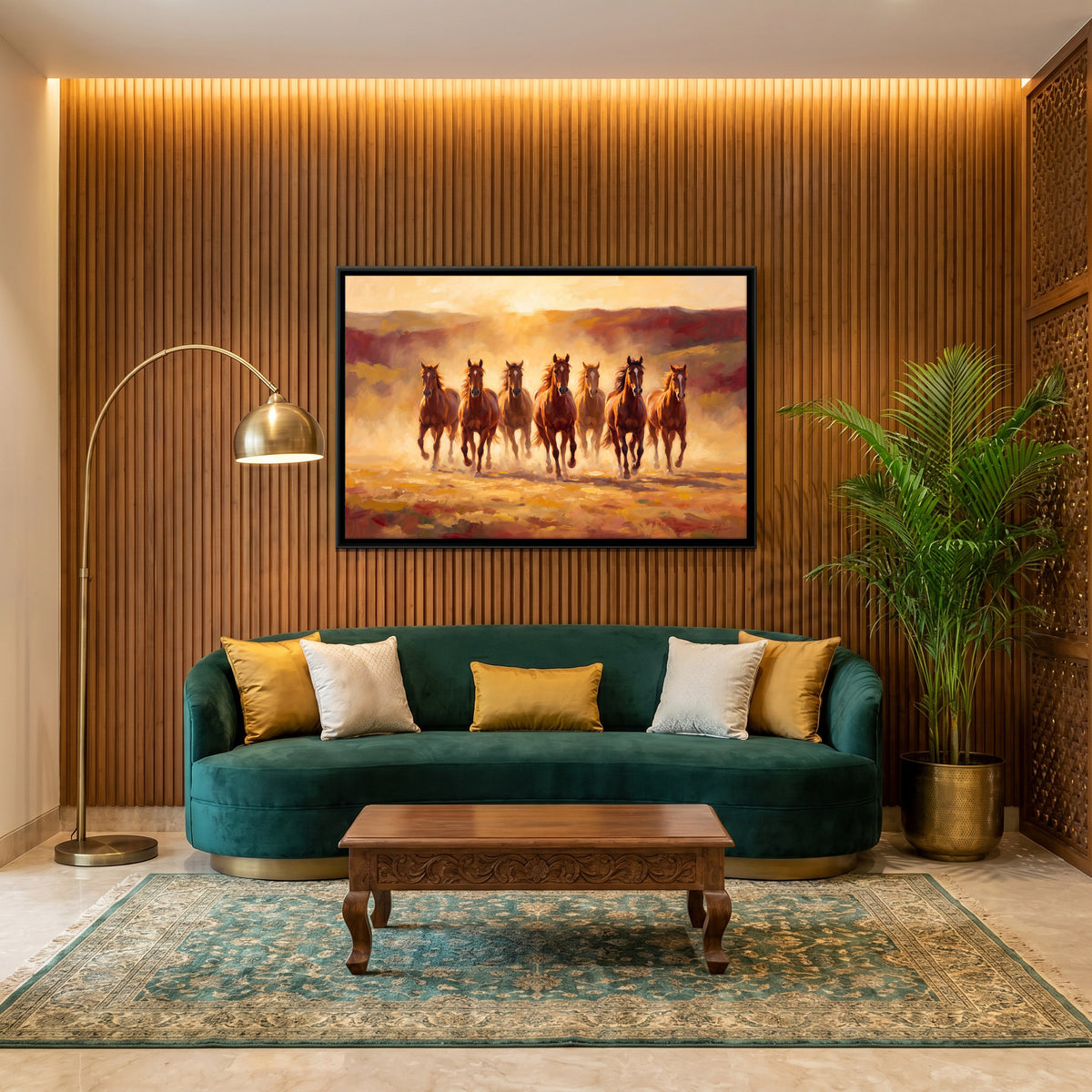 Seven Brown Horses in Golden Dust - canvas art shown in a styled room