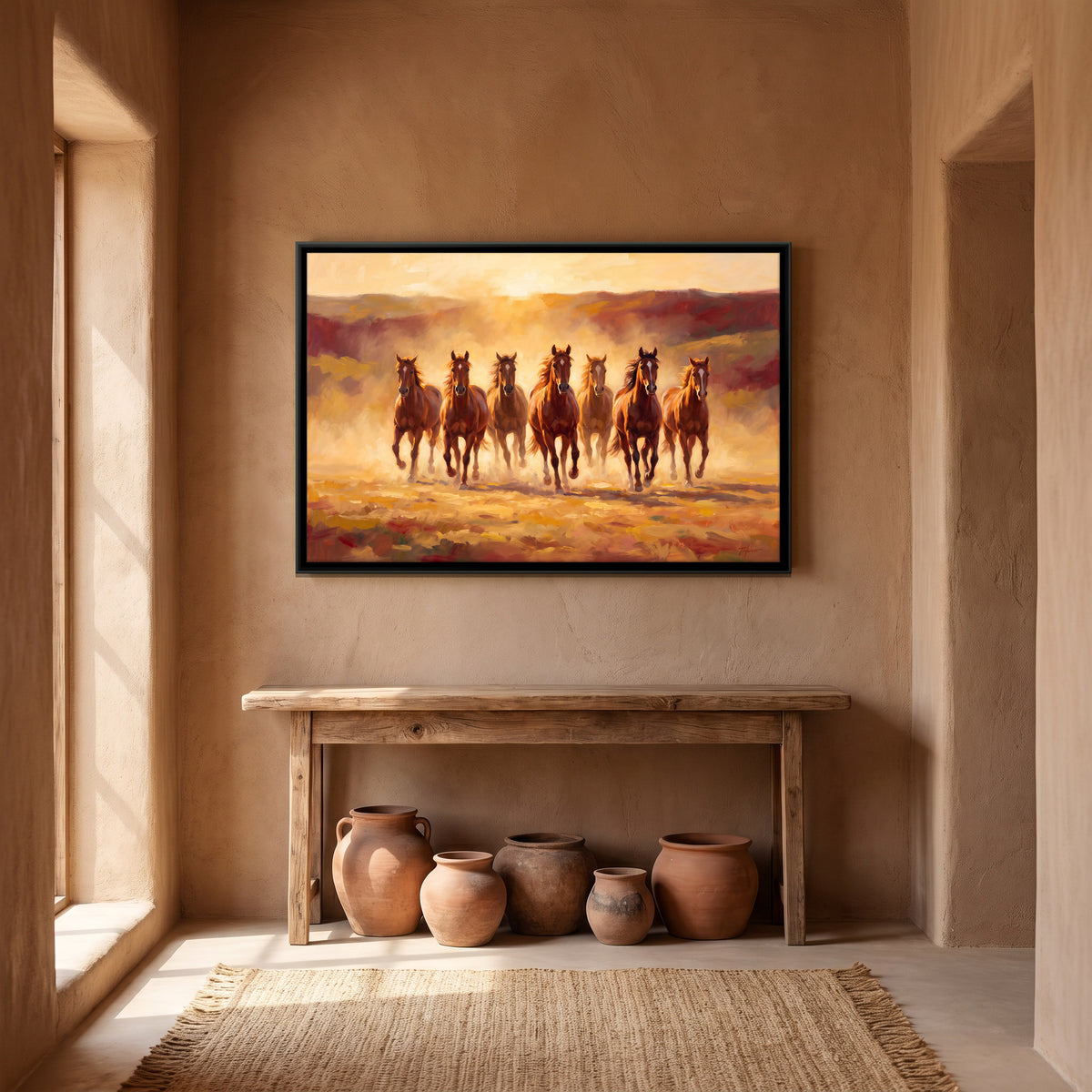 Seven Brown Horses in Golden Dust - canvas art shown in a second room setting