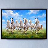 Seven White Horses Galloping in a Green Meadow in Azure