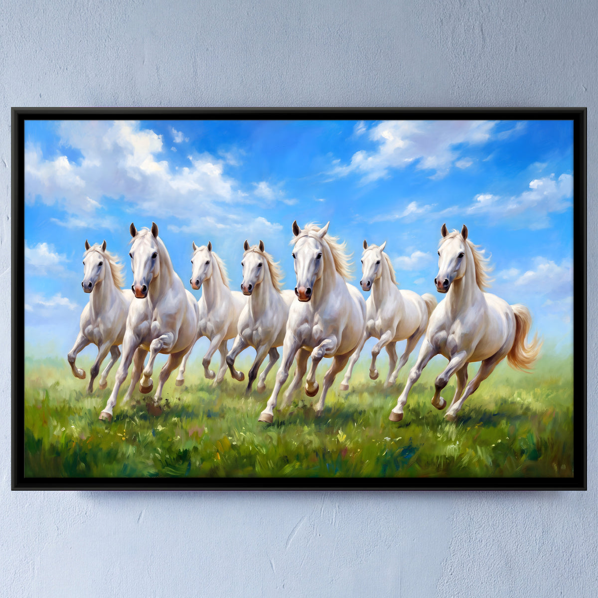 Seven White Horses in a Green Meadow - framed canvas art hung on a wall