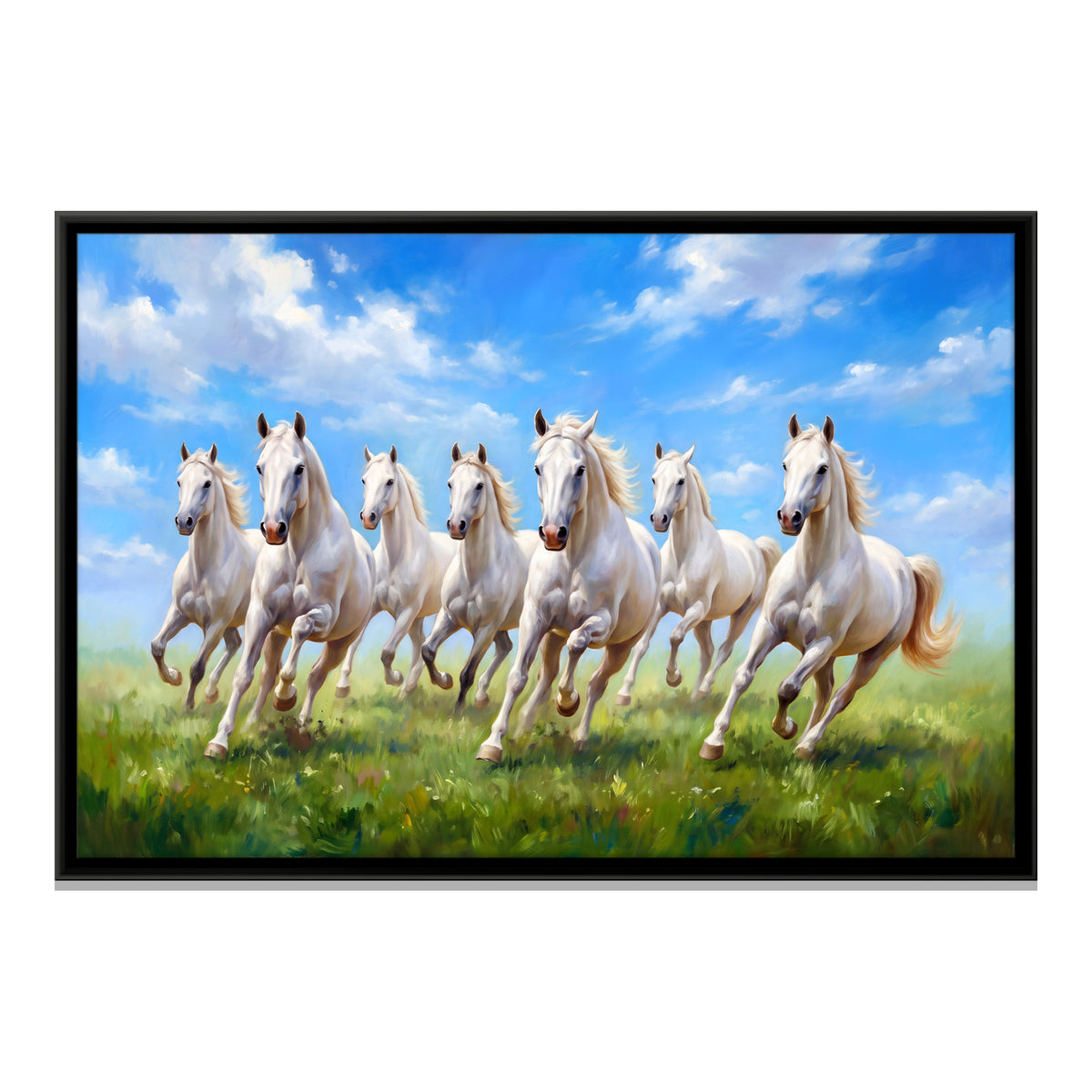 Seven White Horses in a Green Meadow - framed canvas print, front view