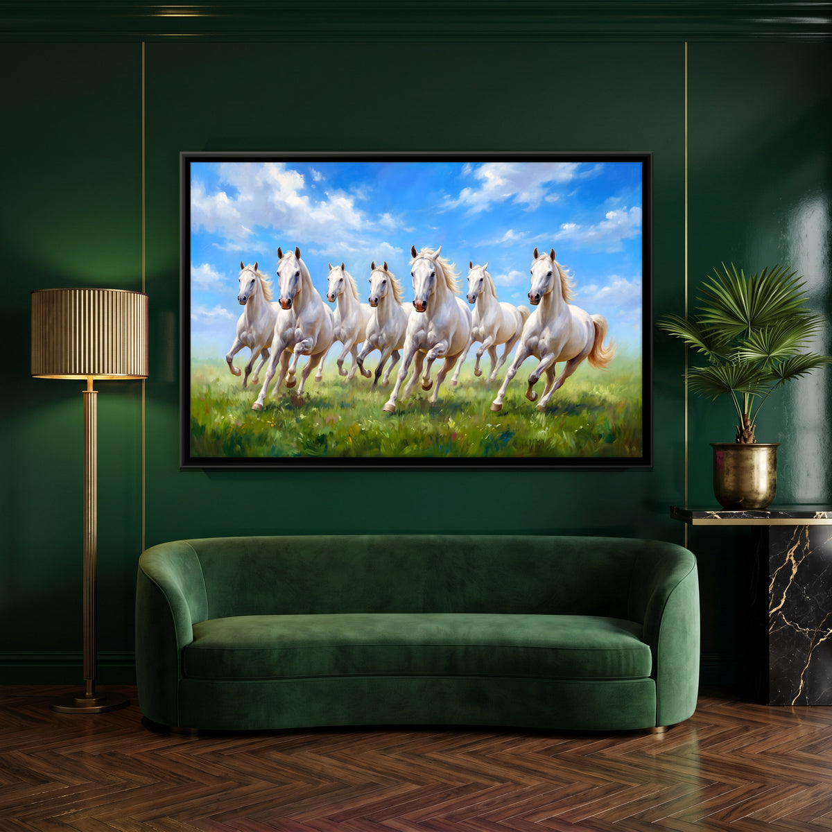 Seven White Horses in a Green Meadow - canvas art shown in a styled room