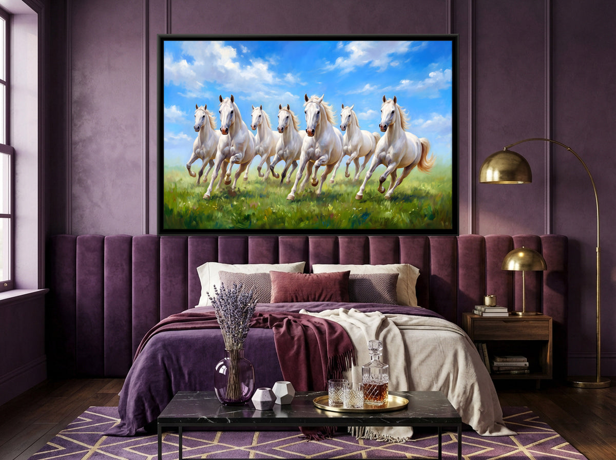 Seven White Horses in a Green Meadow - canvas art shown in a second room setting