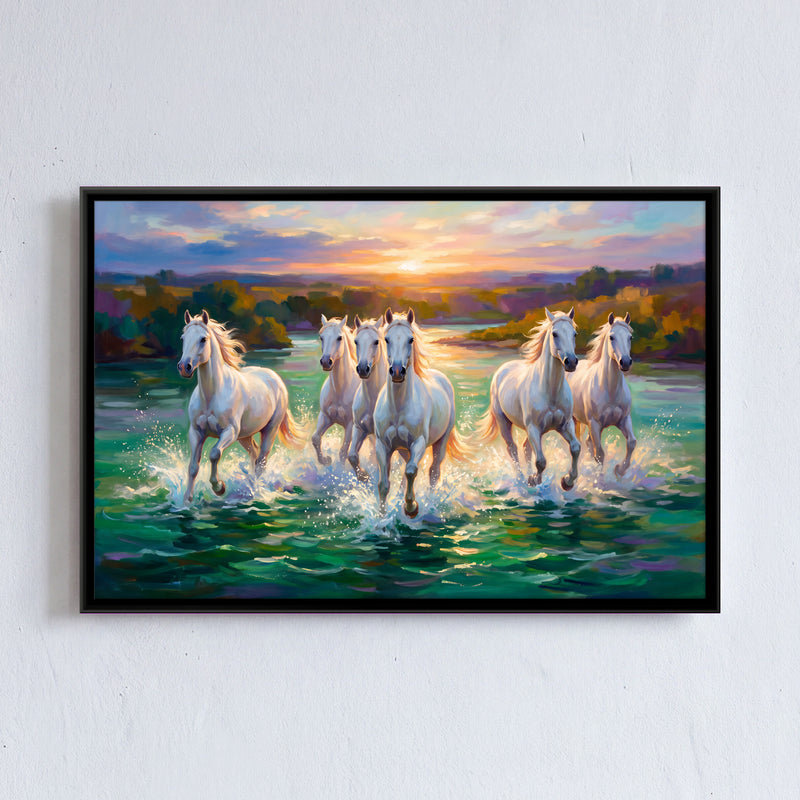 White Horses Crossing a River - framed canvas art hung on a wall