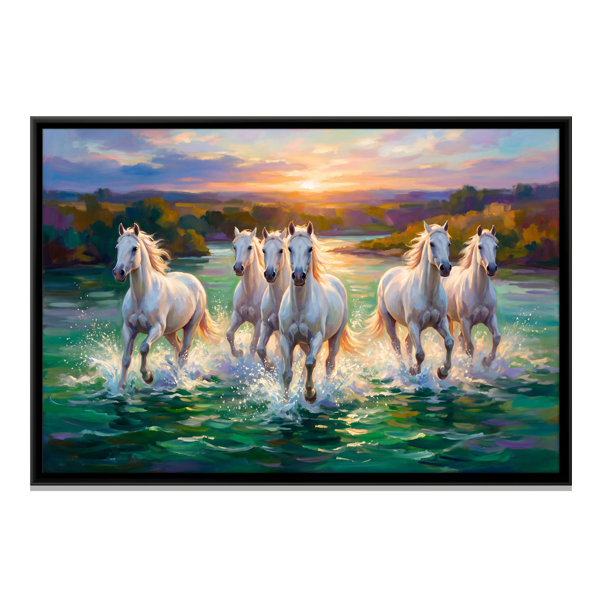 White Horses Crossing a River - framed canvas print, front view