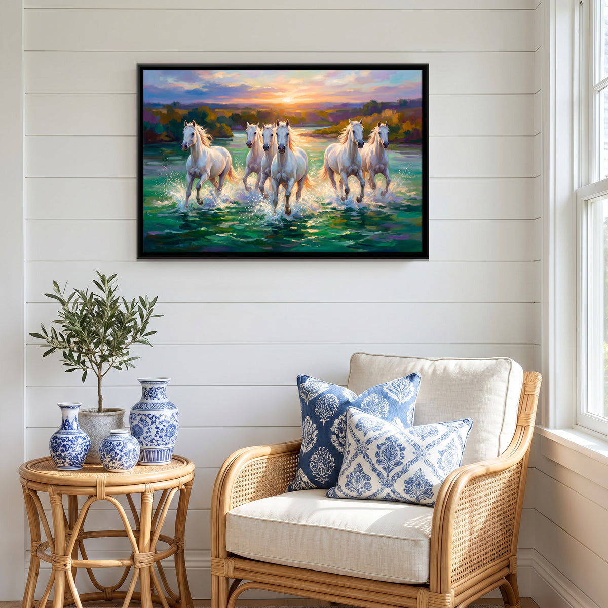 White Horses Crossing a River - canvas art shown in a styled room