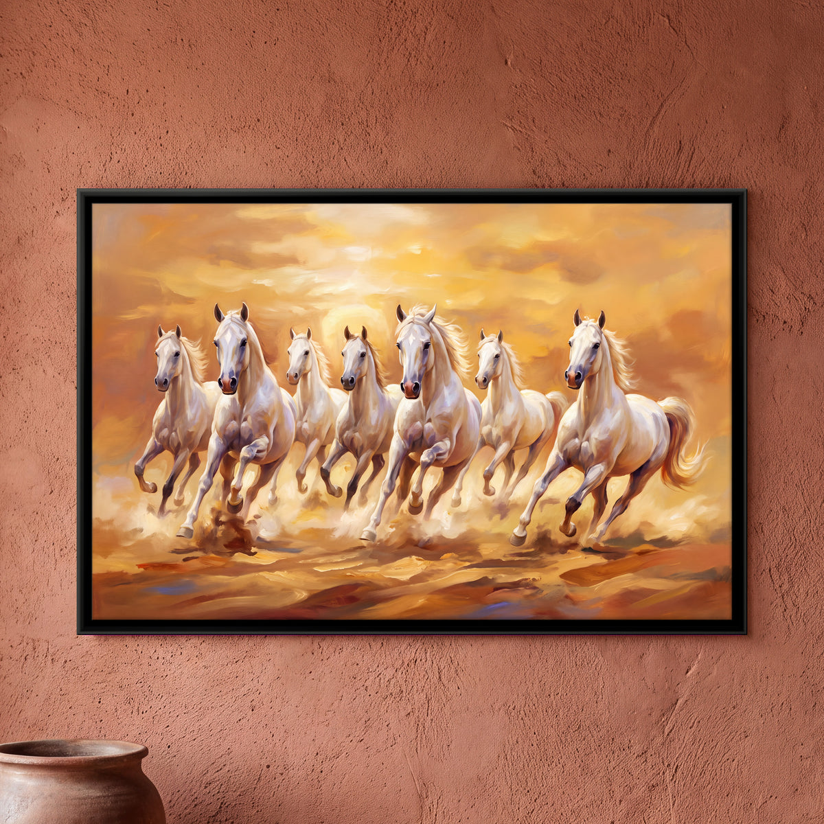 Seven White Horses at Sunset - framed canvas art hung on a wall