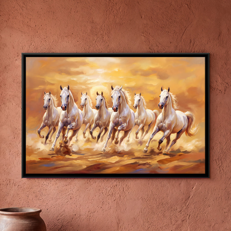 Seven White Horses at Sunset - framed canvas art hung on a wall