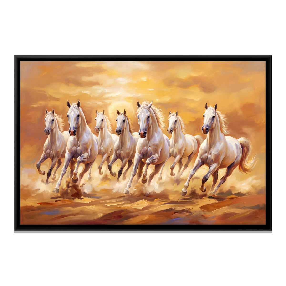 Seven White Horses at Sunset - framed canvas print, front view