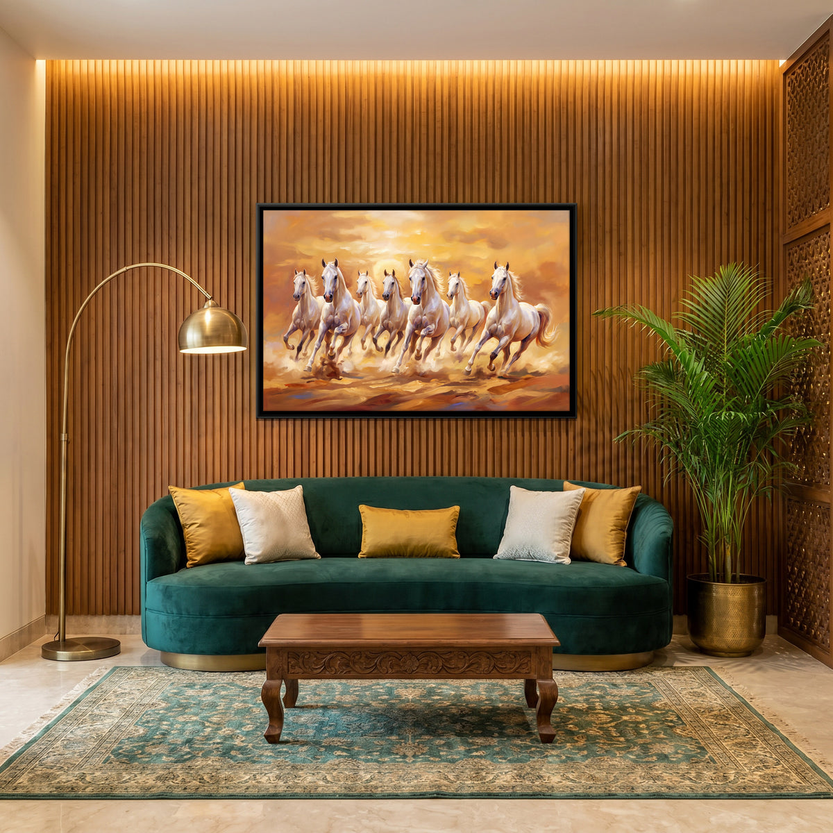 Seven White Horses at Sunset - canvas art shown in a styled room