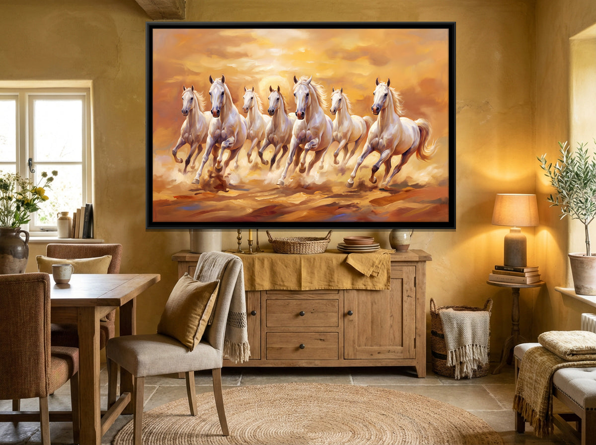 Seven White Horses at Sunset - canvas art shown in a second room setting