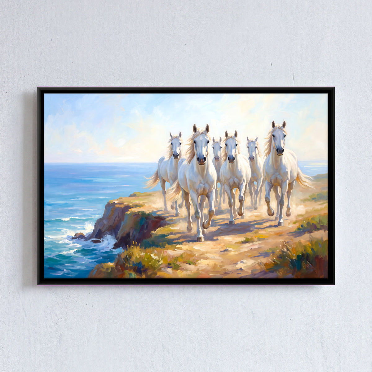 White Horses on a Coastal Path - framed canvas art hung on a wall