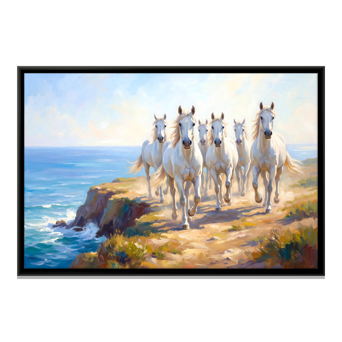 White Horses on a Coastal Path - framed canvas print, front view