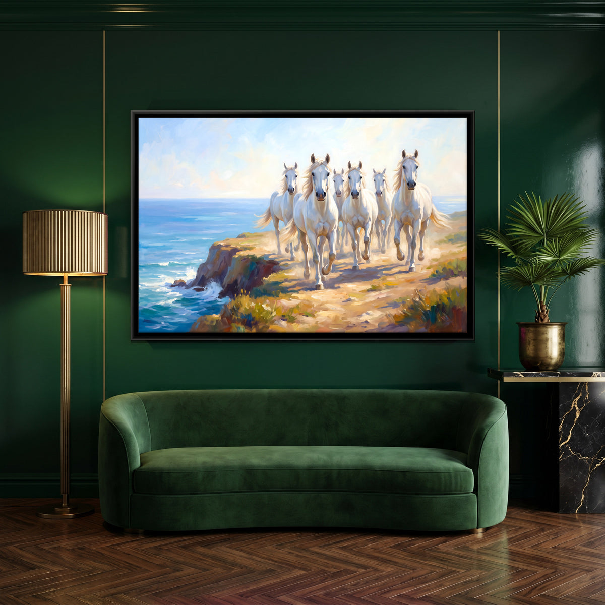 White Horses on a Coastal Path - canvas art shown in a styled room