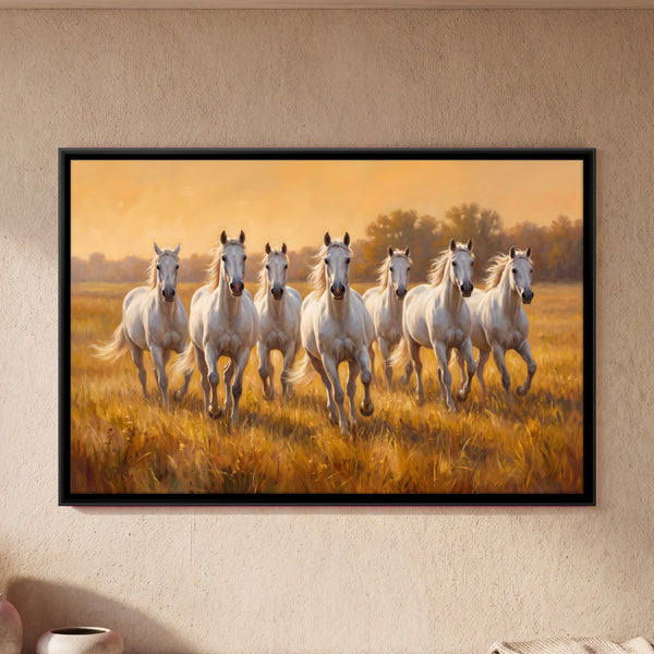 Seven White Horses Galloping in Golden Grassland