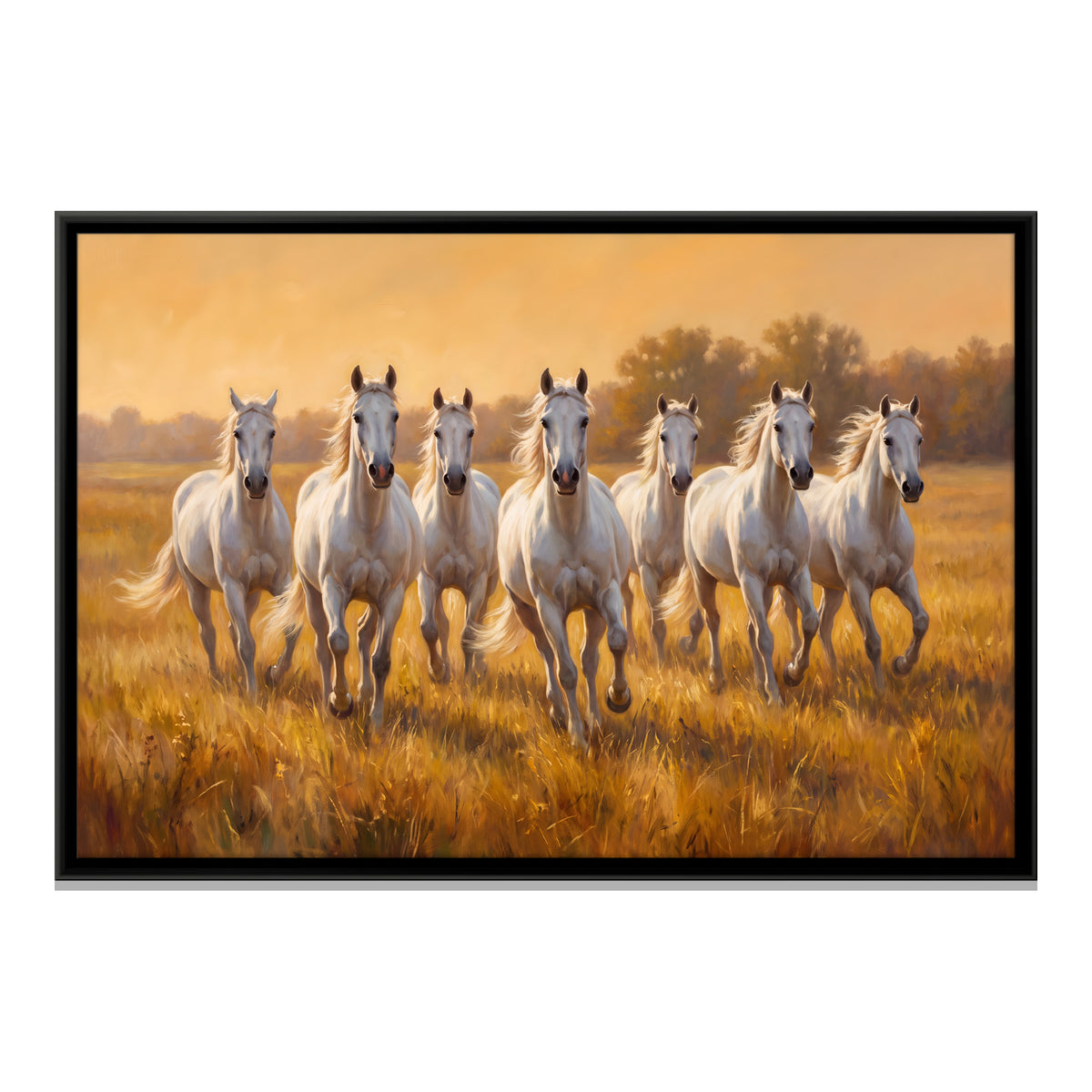 Seven White Horses in Golden Grassland - framed canvas print, front view