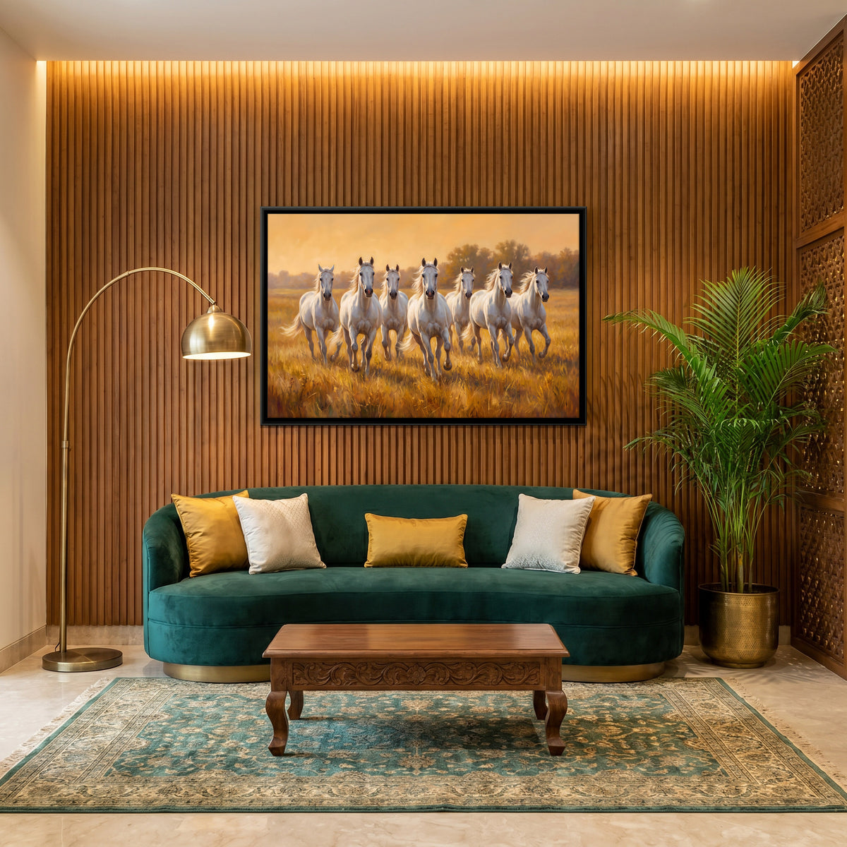 Seven White Horses in Golden Grassland - canvas art shown in a styled room
