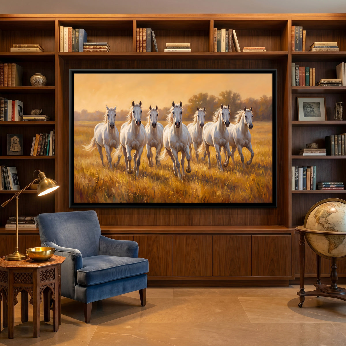 Seven White Horses in Golden Grassland - canvas art shown in a second room setting