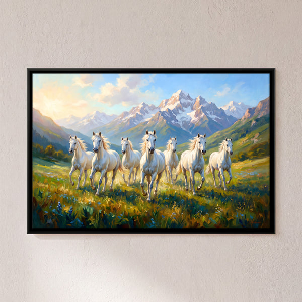 Seven White Horses Galloping in the Mountains