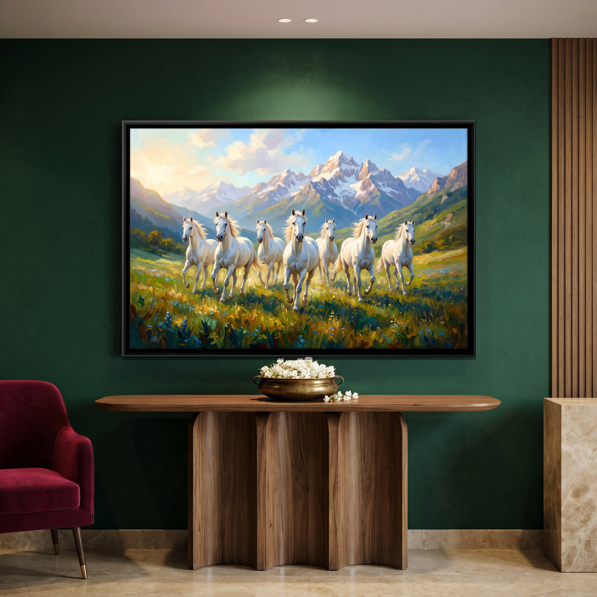 Seven White Horses in the Mountains - canvas art shown in a styled room