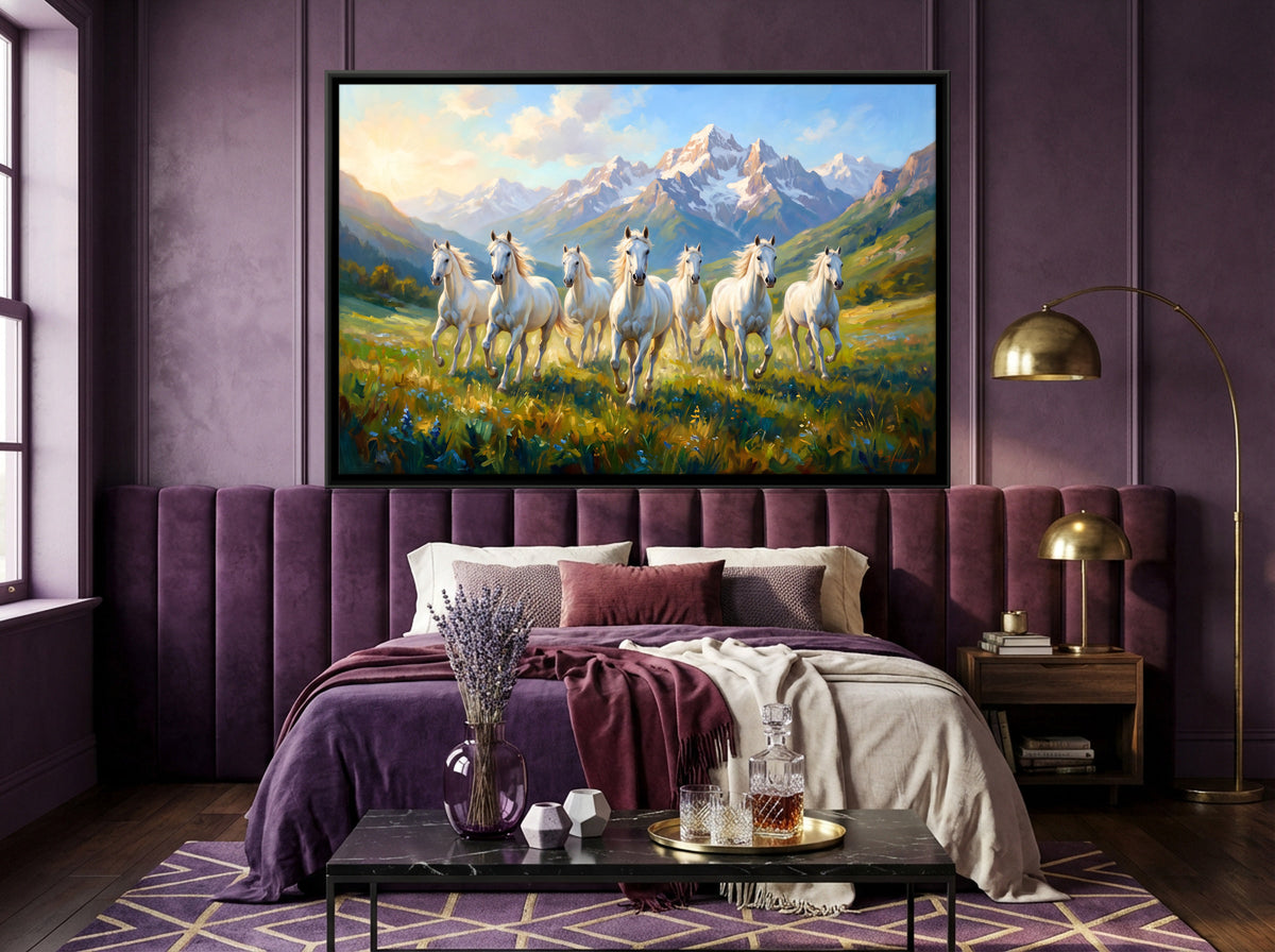 Seven White Horses in the Mountains - canvas art shown in a second room setting
