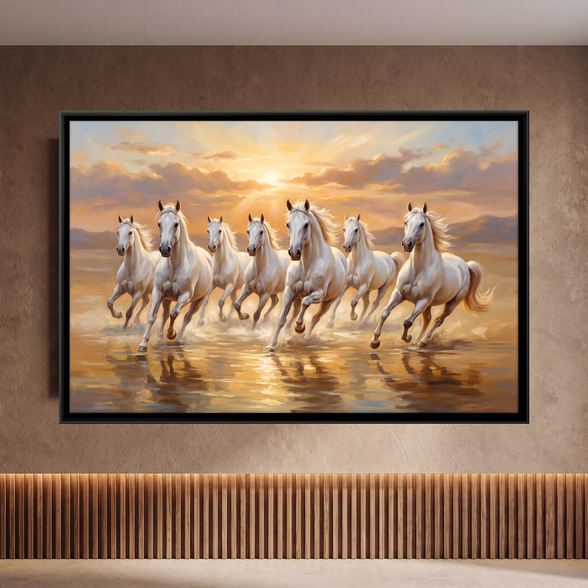 Seven White Horses in Shallow Water - framed canvas art hung on a wall