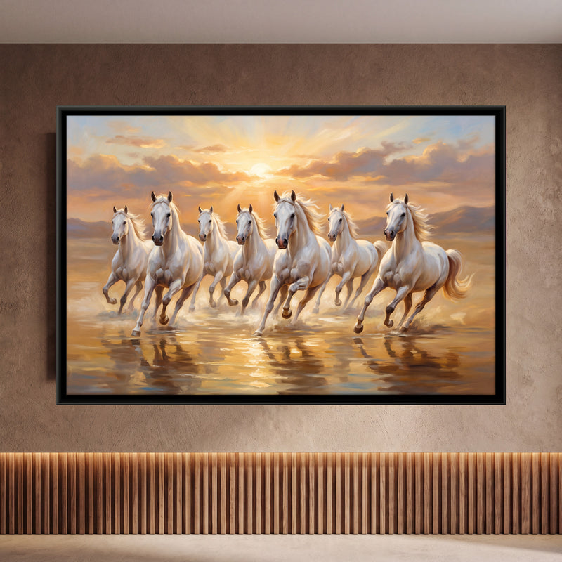 Seven White Horses in Shallow Water - framed canvas art hung on a wall