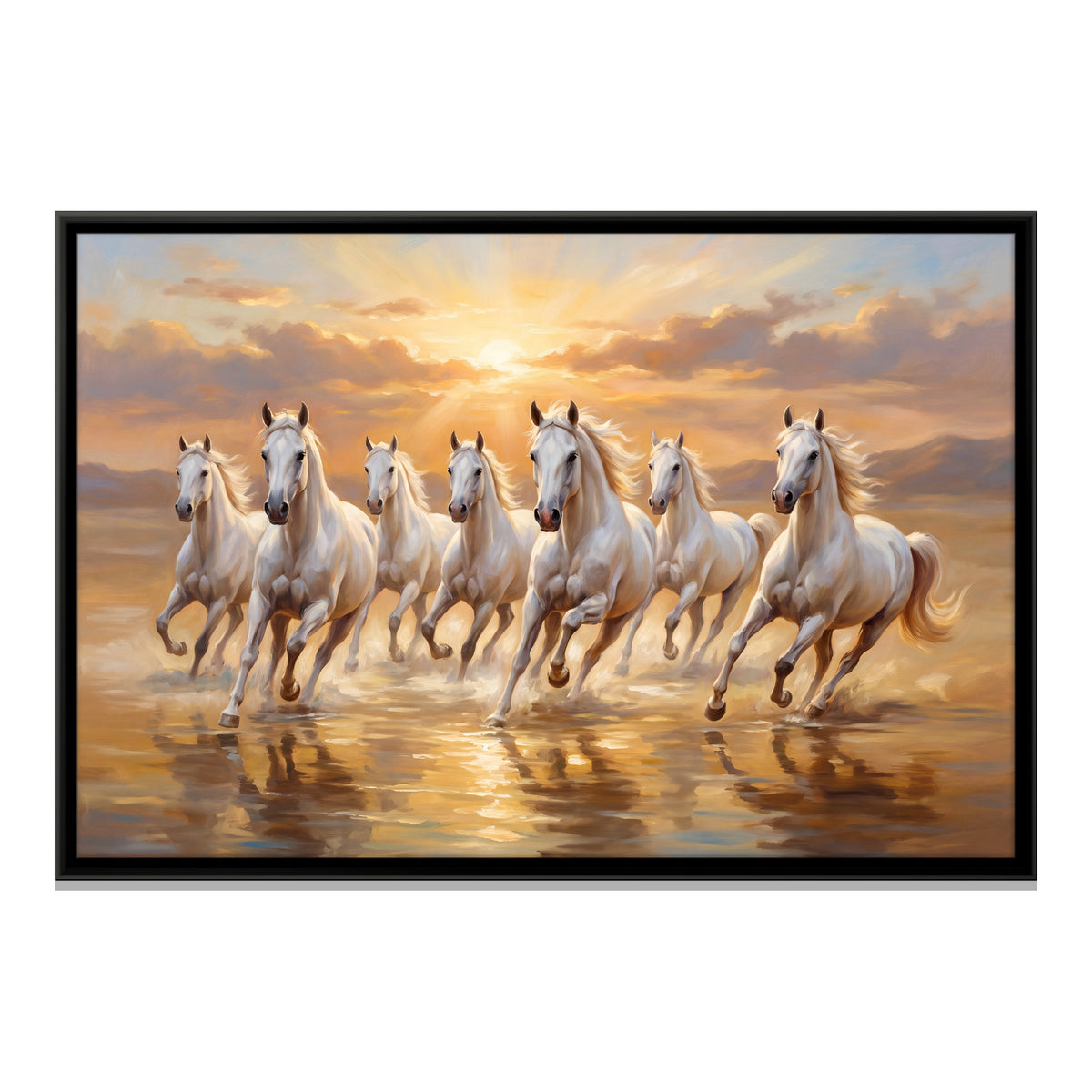Seven White Horses in Shallow Water - framed canvas print, front view