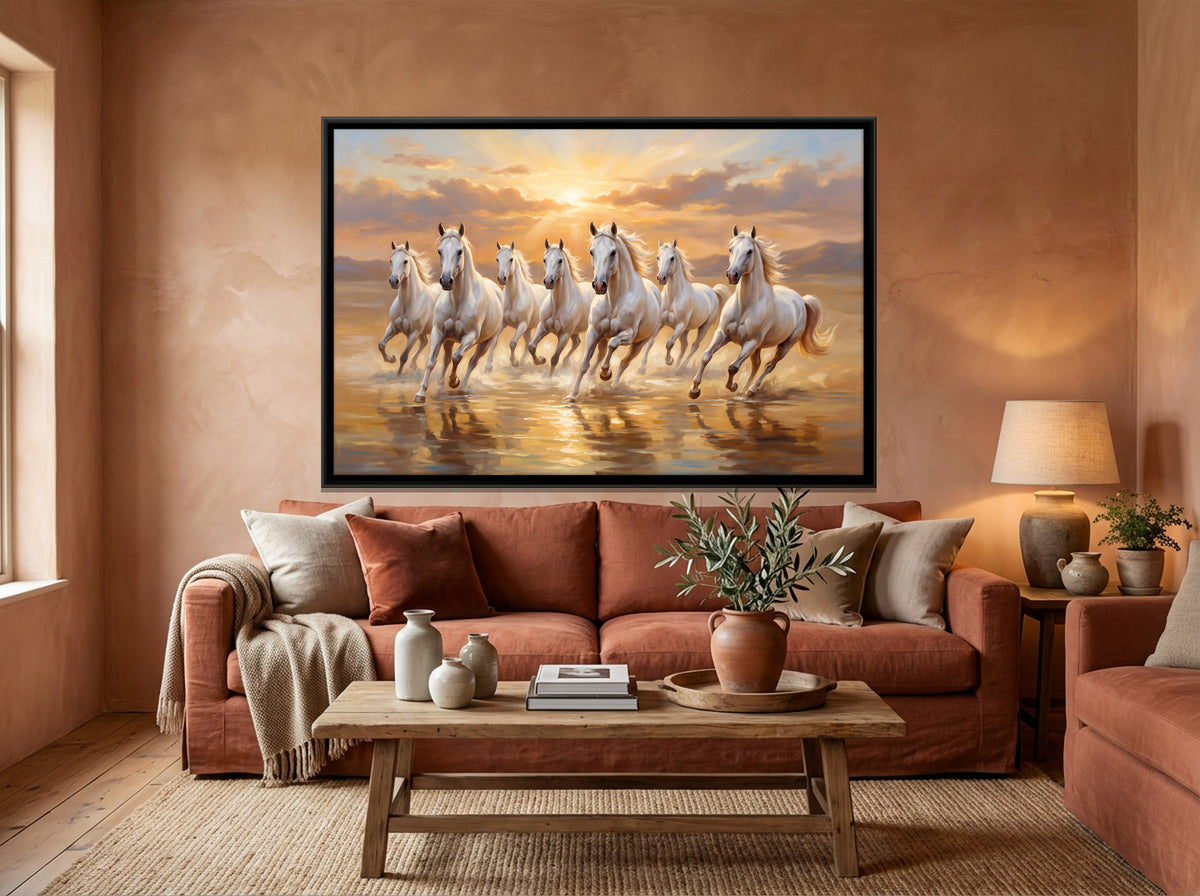 Seven White Horses in Shallow Water - canvas art shown in a styled room