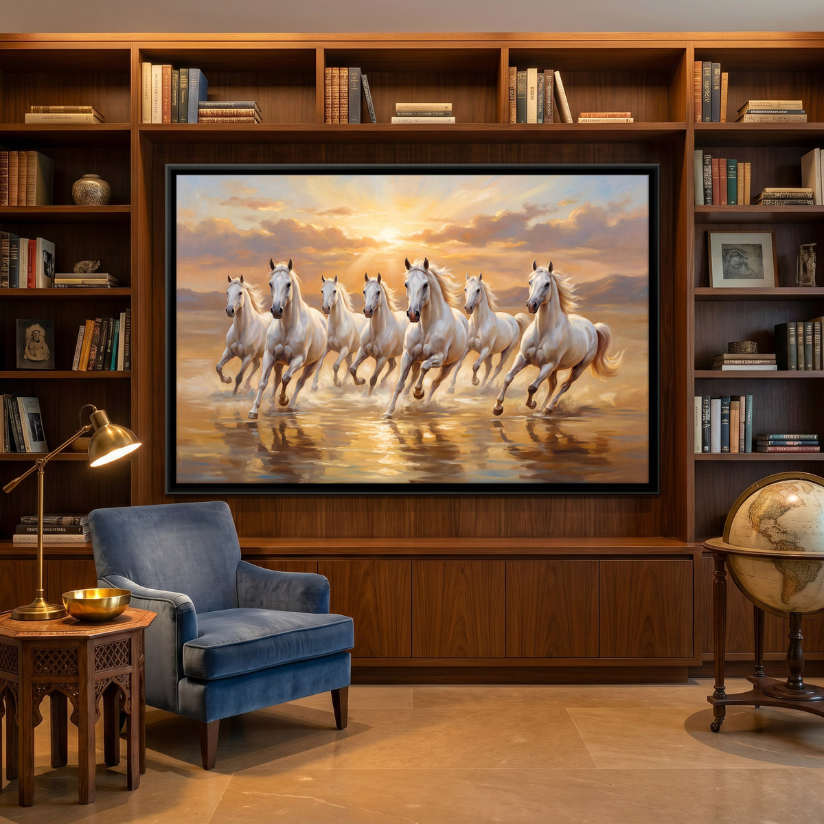 Seven White Horses in Shallow Water - canvas art shown in a second room setting