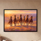 Seven Brown Horses Galloping at Sunset
