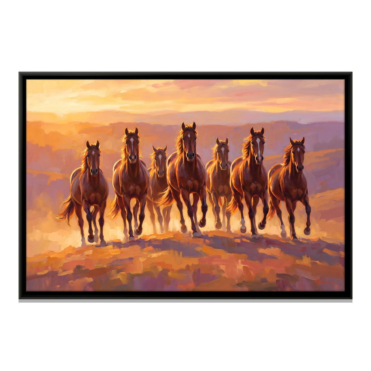 Seven Brown Horses at Sunset - framed canvas print, front view