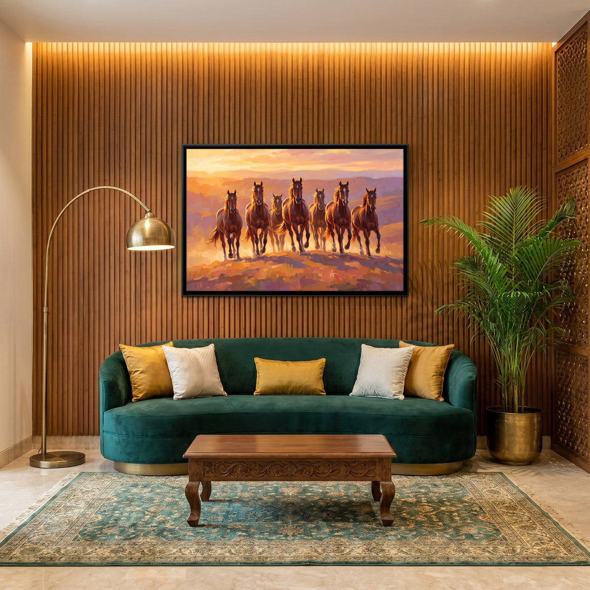 Seven Brown Horses at Sunset - canvas art shown in a styled room