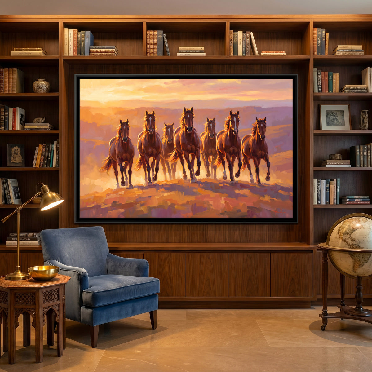 Seven Brown Horses at Sunset - canvas art shown in a second room setting