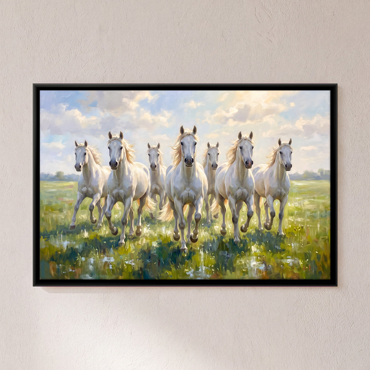 Seven White Horses in a Green Meadow - framed canvas art hung on a wall