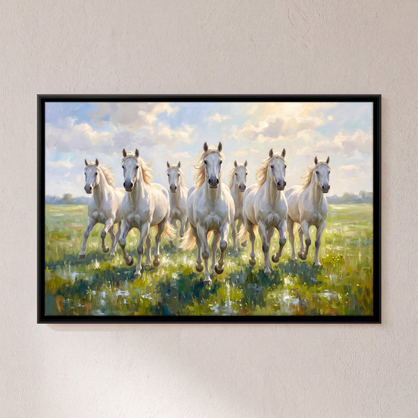 Seven White Horses Galloping in a Green Meadow in Ivory