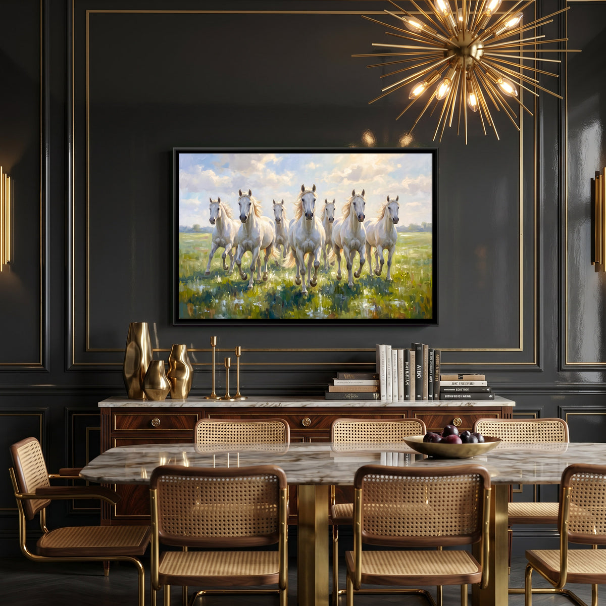 Seven White Horses in a Green Meadow - canvas art shown in a styled room