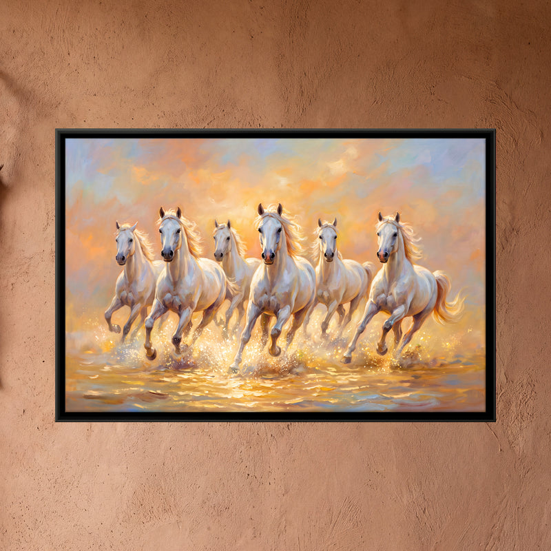 White Horses in Shallow Water - framed canvas art hung on a wall