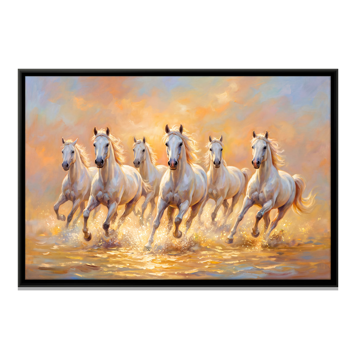 White Horses in Shallow Water - framed canvas print, front view