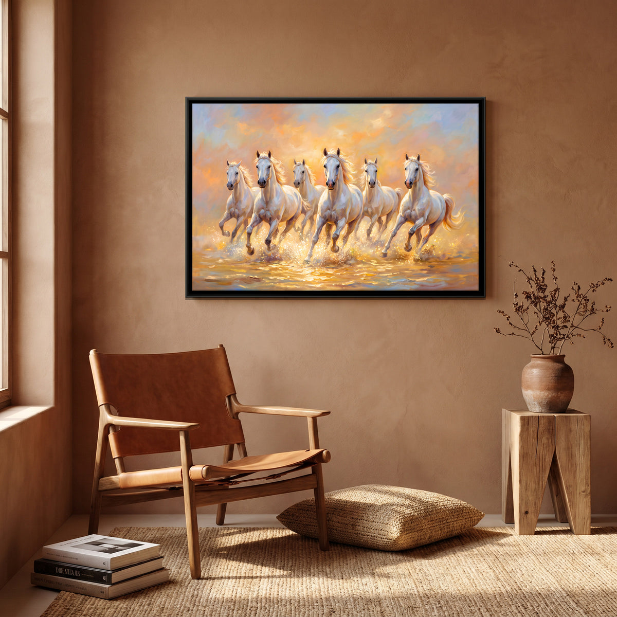 White Horses in Shallow Water - canvas art shown in a styled room