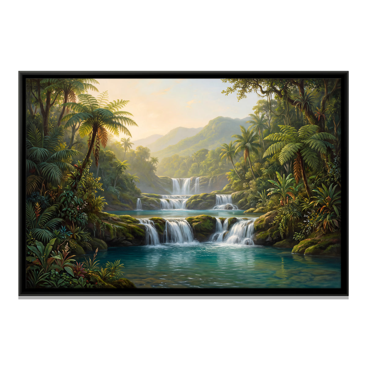 Tiered Waterfall in a Tropical Valley - framed canvas print, front view