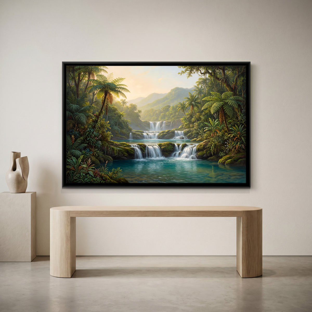 Tiered Waterfall in a Tropical Valley - canvas art shown in a styled room