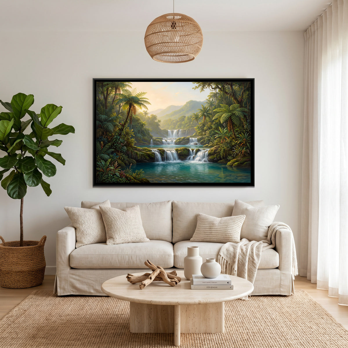 Tiered Waterfall in a Tropical Valley - canvas art shown in a second room setting