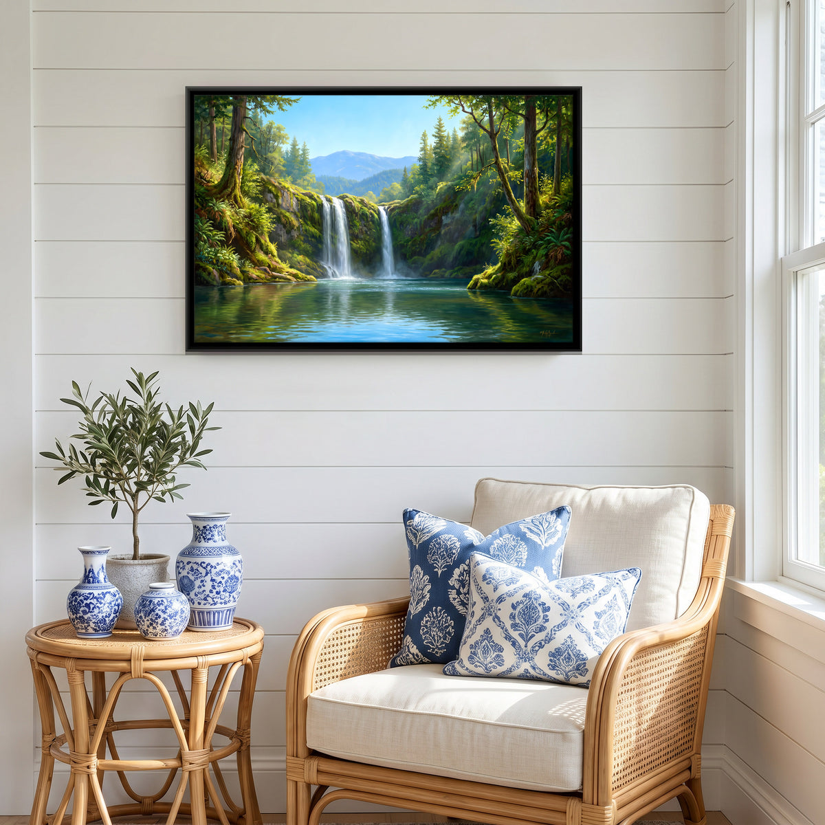 Waterfall into a Mountain Lake - canvas art shown in a styled room